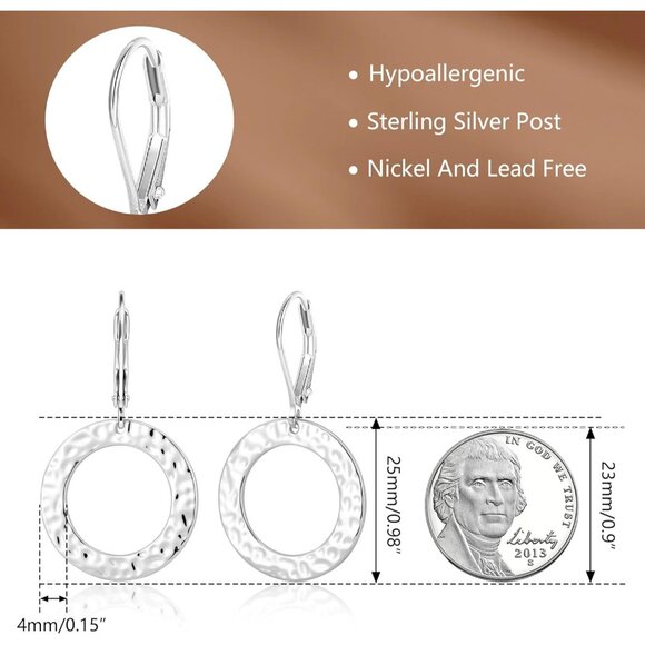 Silver Drop Handmade Hammered Circle Round Dangle Minimalist Earring for Women - Picture 3 of 7